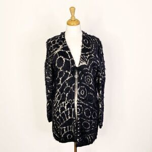 Save The Queen Black and White Longline Wool Blend Fuzzy Cardigan
